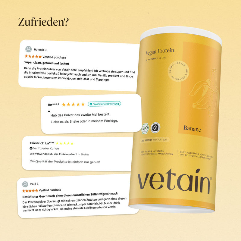 Glückliche Kundenbewertungen von Vetain. Zufriedene Social Media Kommentare und Bewertungen über das vegane Proteinpulver Banane von Vetain.