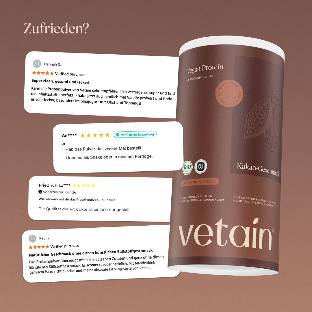 Glückliche Kundenbewertungen von Vetain. Zufriedene Social Media Kommentare und Bewertungen über das vegane Proteinpulver von Vetain.