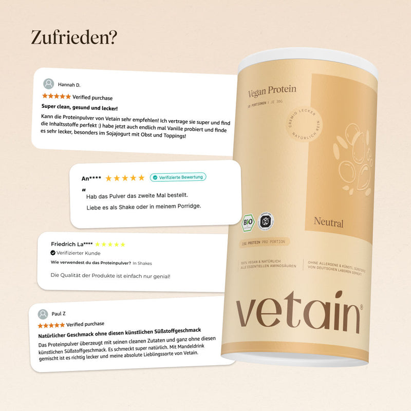 Glückliche Kundenbewertungen von Vetain. Zufriedene Social Media Kommentare und Bewertungen über das vegane Proteinpulver von Vetain.