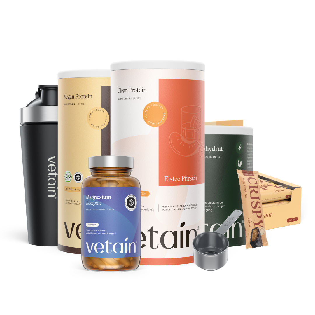 Vetain Bundle Muscle Performance. Vegan Protein, Clear Protein, Crispy Proteinriegel, Kreatin, Magnesium, Edelstahl Proteinshaker und Edelstahl Scoop Portionierlöffel