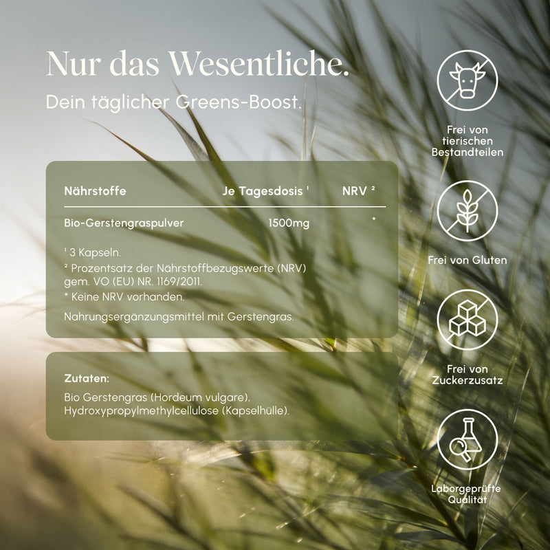 Nährwerttabelle für Vetain Gerstengras: 1500mg Bio-Gerstengraspulver je Tagesdosis (3 Kapseln). Zutaten: Bio Gerstengras (Hordeum vulgare), Hydroxypropylmethylcellulose (Kapselhülle). Icons: frei von tierischen Bestandteilen, glutenfrei, ohne Zuckerzusatz, laborgeprüfte Qualität. Hintergrund: Gerstengras-Halme im Gegenlicht.