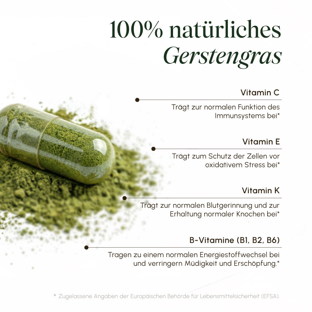 Infografik zu 100% natürlichem Gerstengras mit einer geöffneten Kapsel auf grünem Pulver. Inhaltsstoffe mit EFSA-zugelassenen Angaben: Vitamin C für das Immunsystem, Vitamin E zum Zellschutz vor oxidativem Stress, Vitamin K für Blutgerinnung und Knochen, B-Vitamine (B1, B2, B6) für Energiestoffwechsel und gegen Müdigkeit.
