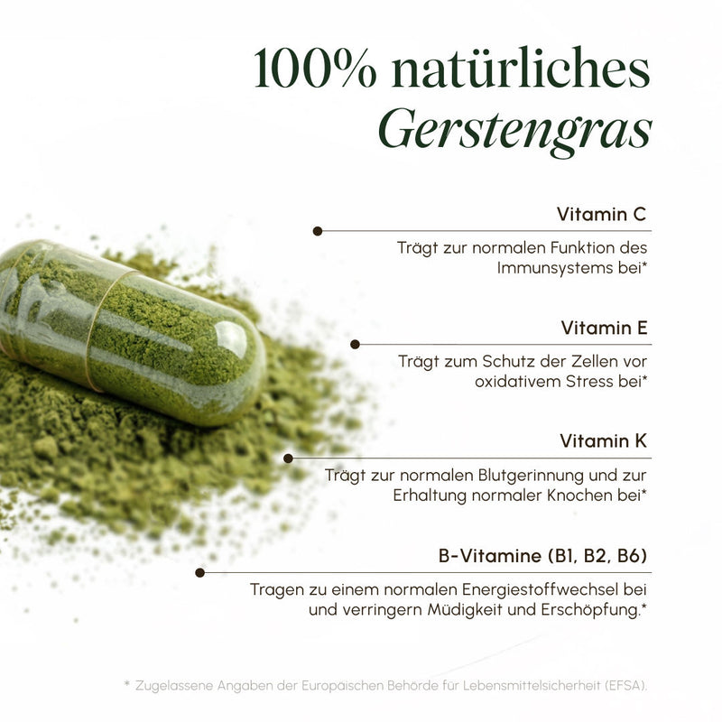 Infografik zu 100% natürlichem Gerstengras mit einer geöffneten Kapsel auf grünem Pulver. Inhaltsstoffe mit EFSA-zugelassenen Angaben: Vitamin C für das Immunsystem, Vitamin E zum Zellschutz vor oxidativem Stress, Vitamin K für Blutgerinnung und Knochen, B-Vitamine (B1, B2, B6) für Energiestoffwechsel und gegen Müdigkeit.