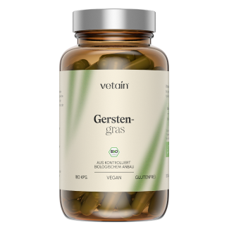 Vetain Gerstengras Bio-Kapseln in brauner Glasflasche mit silbernem Deckel. Etikett zeigt: 180 Kapseln, vegan, glutenfrei, aus kontrolliert biologischem Anbau.