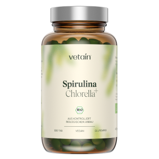 Vetain Spirulina + Chlorella Bio-Tabletten in brauner Glasflasche mit silbernem Deckel. Etikett zeigt: 500 Tabletten, vegan, glutenfrei, aus kontrolliert biologischem Anbau.