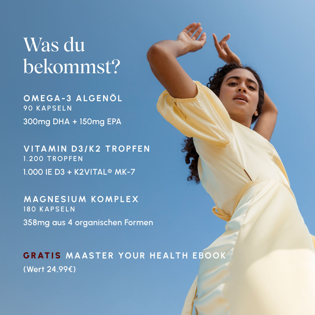 Infografik auf blauem Hintergrund mit tanzender Frau. Produktübersicht: Omega-3 Algenöl 90 Kapseln (300mg DHA + 150mg EPA), Vitamin D3/K2 Tropfen 1.200 Tropfen (1.000 IE D3 + K2VITAL® MK-7), Magnesium Komplex 180 Kapseln (358mg aus 4 organischen Formen), gratis Maaster Your Health eBook (Wert 24,99€)