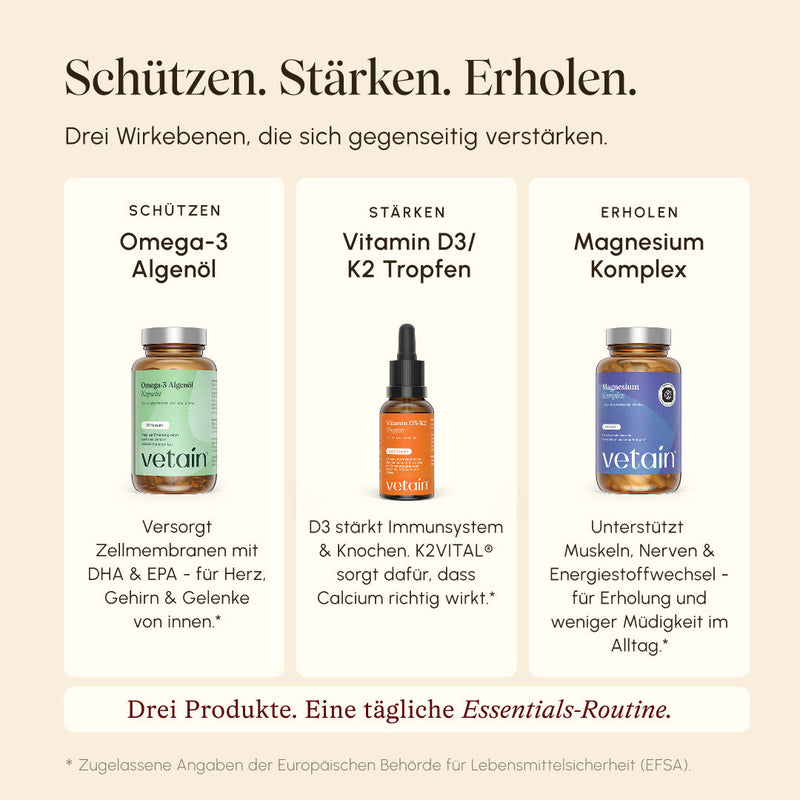 Drei-Spalten-Infografik „Schützen. Stärken. Erholen." mit je einem Vetain-Produkt: Omega-3 Algenöl (Schützen – für Zellmembranen, Herz, Gehirn & Gelenke), Vitamin D3/K2 Tropfen (Stärken – Immunsystem & Knochen), Magnesium Komplex (Erholen – Muskeln, Nerven & Energiestoffwechsel). Untertitel: „Drei Produkte. Eine tägliche Essentials-Routine."