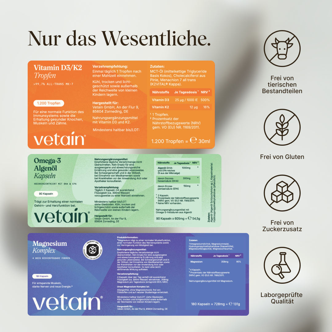 Detailansicht der drei Vetain-Produktetiketten mit Zutatenlisten und Nährwerttabellen: Vitamin D3/K2 Tropfen (25µg D3 / 12µg K2), Omega-3 Algenöl Kapseln (300mg DHA, 150mg EPA), Magnesium Komplex (358mg). Rechts Icons: Frei von tierischen Bestandteilen, Gluten, Zuckerzusatz, Laborgeprüfte Qualität