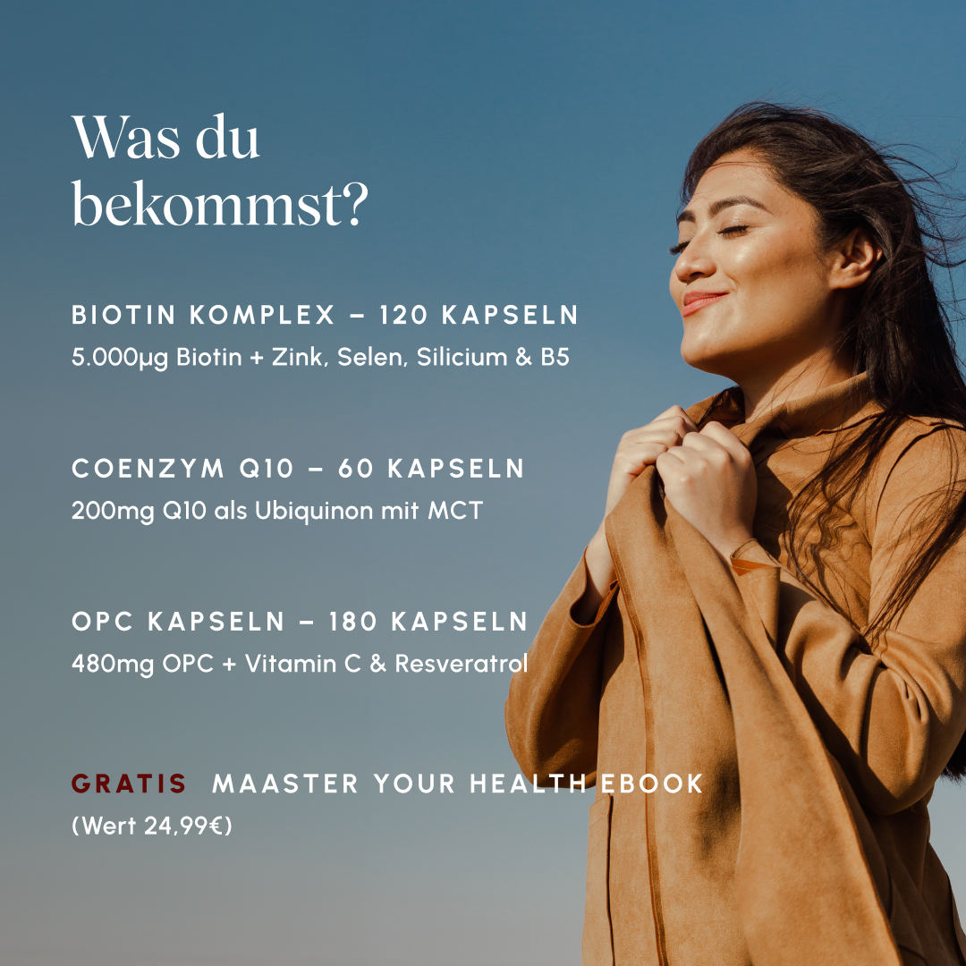 Infografik auf blauem Hintergrund mit Frau im Wind. Produktübersicht: Biotin Komplex 120 Kapseln (5.000µg Biotin + Zink, Selen, Silicium & B5), Coenzym Q10 60 Kapseln (200mg Q10 als Ubiquinon mit MCT), OPC Kapseln 180 Kapseln (480mg OPC + Vitamin C & Resveratrol), gratis Maaster Your Health eBook (Wert 24,99€)