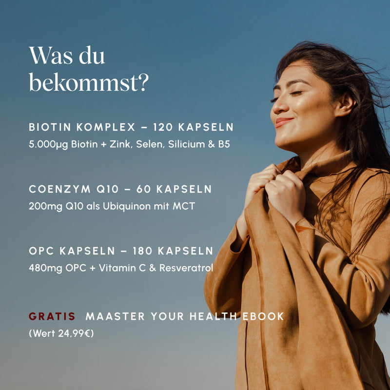 Infografik auf blauem Hintergrund mit Frau im Wind. Produktübersicht: Biotin Komplex 120 Kapseln (5.000µg Biotin + Zink, Selen, Silicium & B5), Coenzym Q10 60 Kapseln (200mg Q10 als Ubiquinon mit MCT), OPC Kapseln 180 Kapseln (480mg OPC + Vitamin C & Resveratrol), gratis Maaster Your Health eBook (Wert 24,99€)