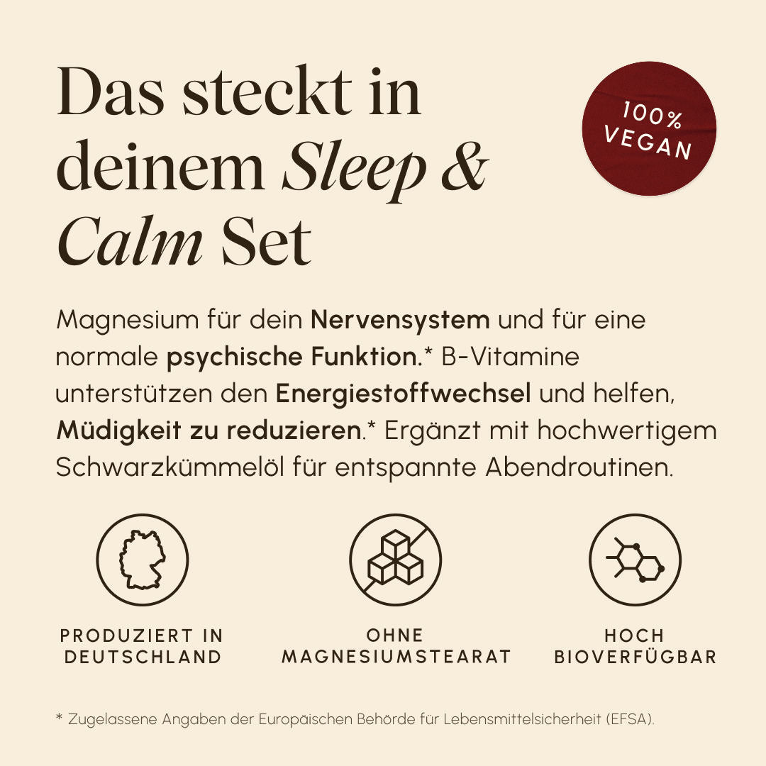 Infografik „Das steckt in deinem Sleep & Calm Set" auf cremefarbenem Hintergrund. Text: Magnesium für Nervensystem und psychische Funktion, B-Vitamine für Energiestoffwechsel und weniger Müdigkeit, Schwarzkümmelöl für entspannte Abendroutinen. Icons: Produziert in Deutschland, ohne Magnesiumstearat, hoch bioverfügbar. Badge: 100% Vegan
