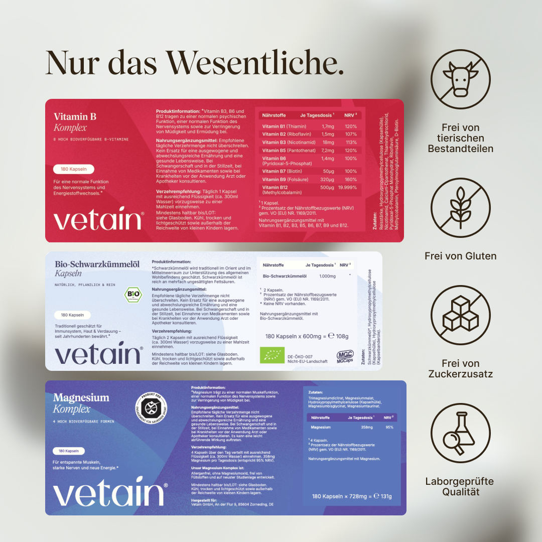 Detailansicht der drei Vetain-Produktetiketten mit Zutatenlisten und Nährwerttabellen: Vitamin B Komplex (B1 bis B12 in bioaktiver Form, u.a. 500µg B12, 320µg B9, 1,4mg B6), Bio-Schwarzkümmelöl Kapseln (1.000mg Schwarzkümmelöl, Bio-zertifiziert), Magnesium Komplex (358mg, 95% NRV). Rechts Icons: Frei von tierischen Bestandteilen, Gluten, Zuckerzusatz, Laborgeprüfte Qualität