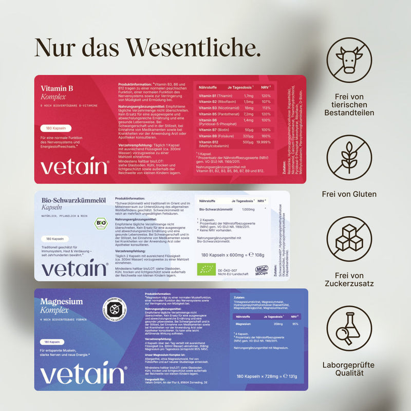 Detailansicht der drei Vetain-Produktetiketten mit Zutatenlisten und Nährwerttabellen: Vitamin B Komplex (B1 bis B12 in bioaktiver Form, u.a. 500µg B12, 320µg B9, 1,4mg B6), Bio-Schwarzkümmelöl Kapseln (1.000mg Schwarzkümmelöl, Bio-zertifiziert), Magnesium Komplex (358mg, 95% NRV). Rechts Icons: Frei von tierischen Bestandteilen, Gluten, Zuckerzusatz, Laborgeprüfte Qualität