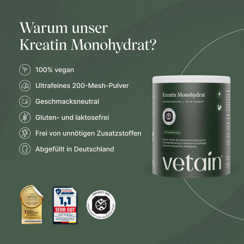 Infografik „Warum unser Kreatin Monohydrat?" von Vetain mit der grünen Produktdose. Aufgelistete Vorteile: 100 % vegan, ultrafeines 200-Mesh-Pulver, geschmacksneutral, gluten- und laktosefrei, frei von unnötigen Zusatzstoffen, abgefüllt in Deutschland. Unten Auszeichnungen: Top Service, Warentest „Sehr gut 1,1" und Kölner Liste.