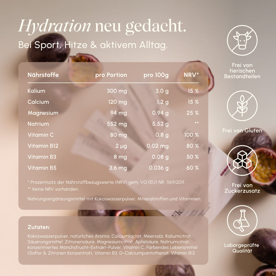 Nährwerttabelle der vetain Elektrolyte Maracuja mit Werten pro Portion, pro 100 g und NRV sowie Zutatenliste; rechts Symbole für frei von tierischen Bestandteilen, glutenfrei, ohne Zuckerzusatz und laborgeprüfte Qualität.