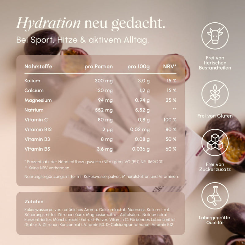 Nährwerttabelle der vetain Elektrolyte Maracuja mit Werten pro Portion, pro 100 g und NRV sowie Zutatenliste; rechts Symbole für frei von tierischen Bestandteilen, glutenfrei, ohne Zuckerzusatz und laborgeprüfte Qualität.