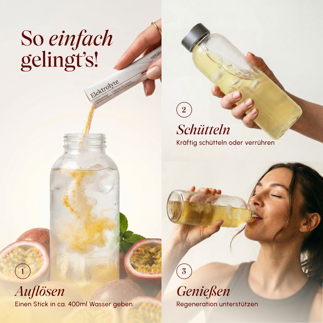 Dreiteilige Anleitung „So einfach gelingt's!": 1. Auflösen – Stick in ca. 400ml Wasser geben (Glas mit Maracujas), 2. Schütteln – kräftig schütteln oder verrühren (Hand hält Flasche), 3. Genießen – Regeneration unterstützen (Frau trinkt aus Glasflasche).