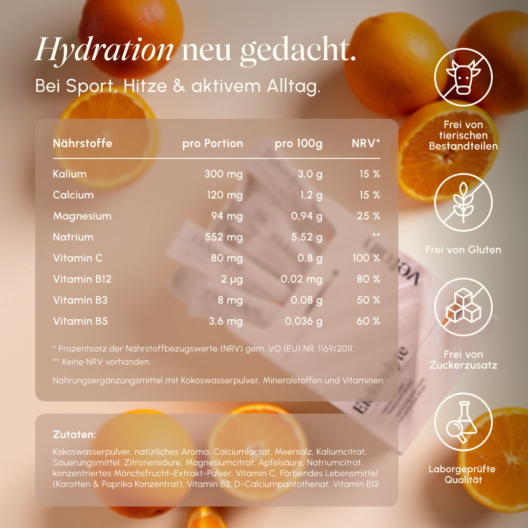 Nährwerttabelle der vetain Elektrolyte Orange mit Werten pro Portion, pro 100 g und NRV sowie Zutatenliste; rechts Symbole für frei von tierischen Bestandteilen, glutenfrei, ohne Zuckerzusatz und laborgeprüfte Qualität.
