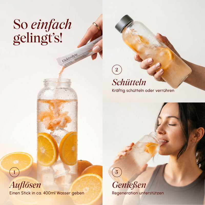 Drei-Schritt-Anleitung für vetain Elektrolyte Orange: einen Stick in ca. 400 ml Wasser auflösen, kräftig schütteln und anschließend trinken; im Bild eine Wasserflasche mit Orangenscheiben und Eis.
