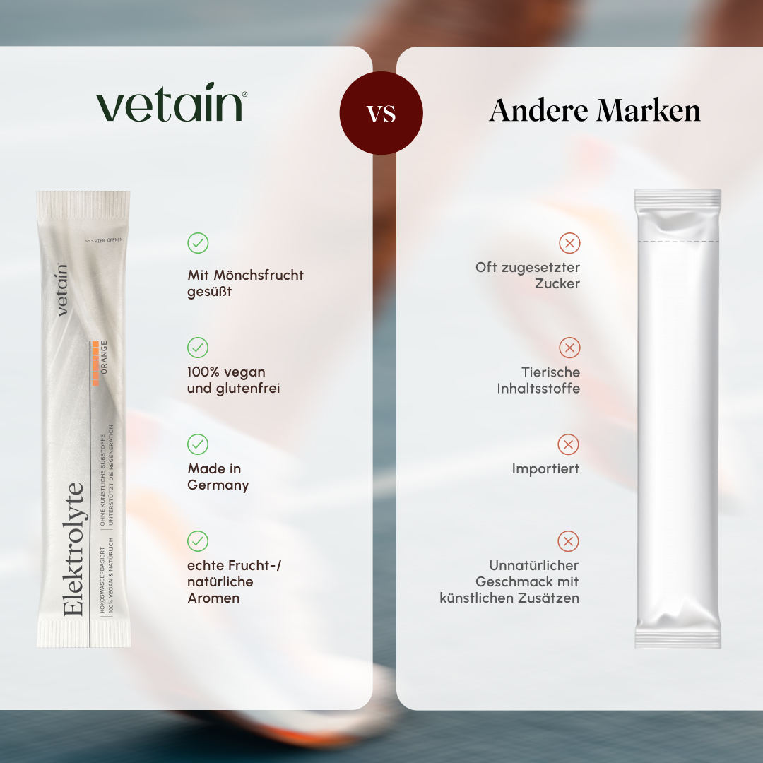 Vergleichsgrafik vetain Elektrolyte gegenüber anderen Marken: links vetain Orange Stick mit Mönchsfrucht gesüßt, vegan und glutenfrei, Made in Germany und natürliche Aromen; rechts neutraler Stick mit zugesetztem Zucker, tierischen Inhaltsstoffen, importiert und künstlichen Zusätzen.