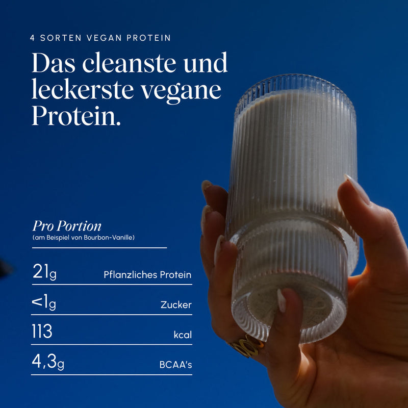 Hand hält einen hellen Vetain Protein-Shake im Riffelglas gegen blauen Himmel; eingeblendete Werte pro Portion am Beispiel Bourbon-Vanille: 21 g pflanzliches Protein, unter 1 g Zucker, 113 kcal, 4,3 g BCAAs. Überschrift „4 Sorten Vegan Protein – Das cleanste und leckerste vegane Protein."