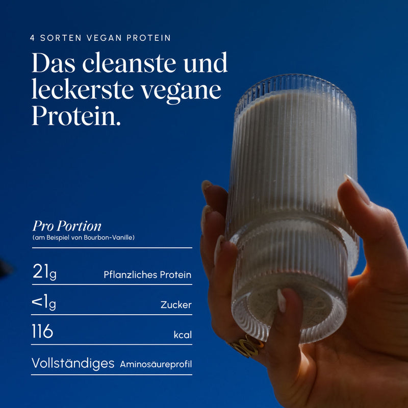 Hand holding a ribbed glass with vegan protein shake against a blue sky; text graphic lists 4 types of vegan protein as well as 21 g of plant-based protein per serving, under 1 g sugar, 116 kcal, and a complete amino acid profile (example Bourbon vanilla).