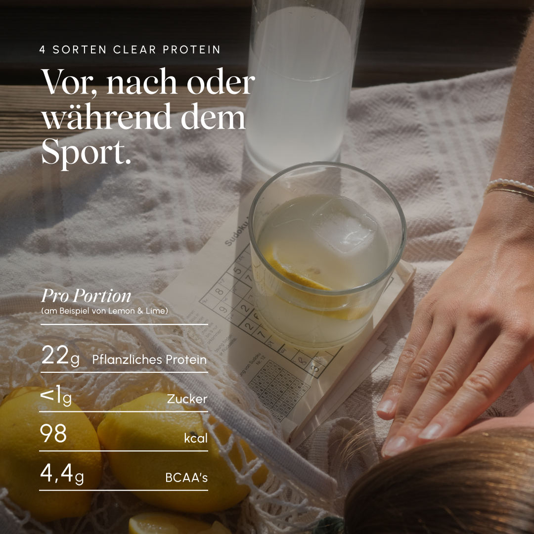 Glass with clear Clear Protein drink with lemon slice and ice on a tray, next to lemons and a hand; text graphic lists 4 varieties of Clear Protein as well as per serving 22 g plant-based protein, under 1 g sugar, 98 kcal, and 4.4 g BCAA (example Lemon & Lime).