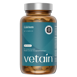 Vetain Calcium mit Vitamin D3 (180 Tabletten), Braunglas-Flasche freigestellt.