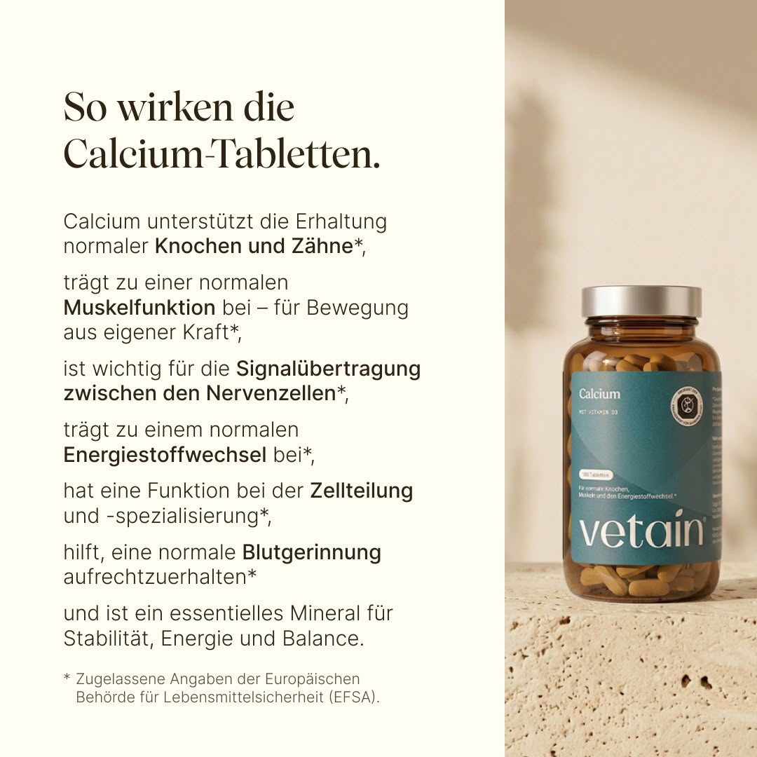 Vetain Calcium mit Vitamin D3 Flasche auf Sanduntergrund. Text: „So wirken die Calcium-Tabletten.“ Nennt die EFSA-zugelassenen Angaben zu Calcium: Erhaltung normaler Knochen und Zähne, normale Muskelfunktion, Signalübertragung zwischen Nervenzellen, normaler Energiestoffwechsel, Zellteilung und -spezialisierung, Aufrechterhaltung einer normalen Blutgerinnung.