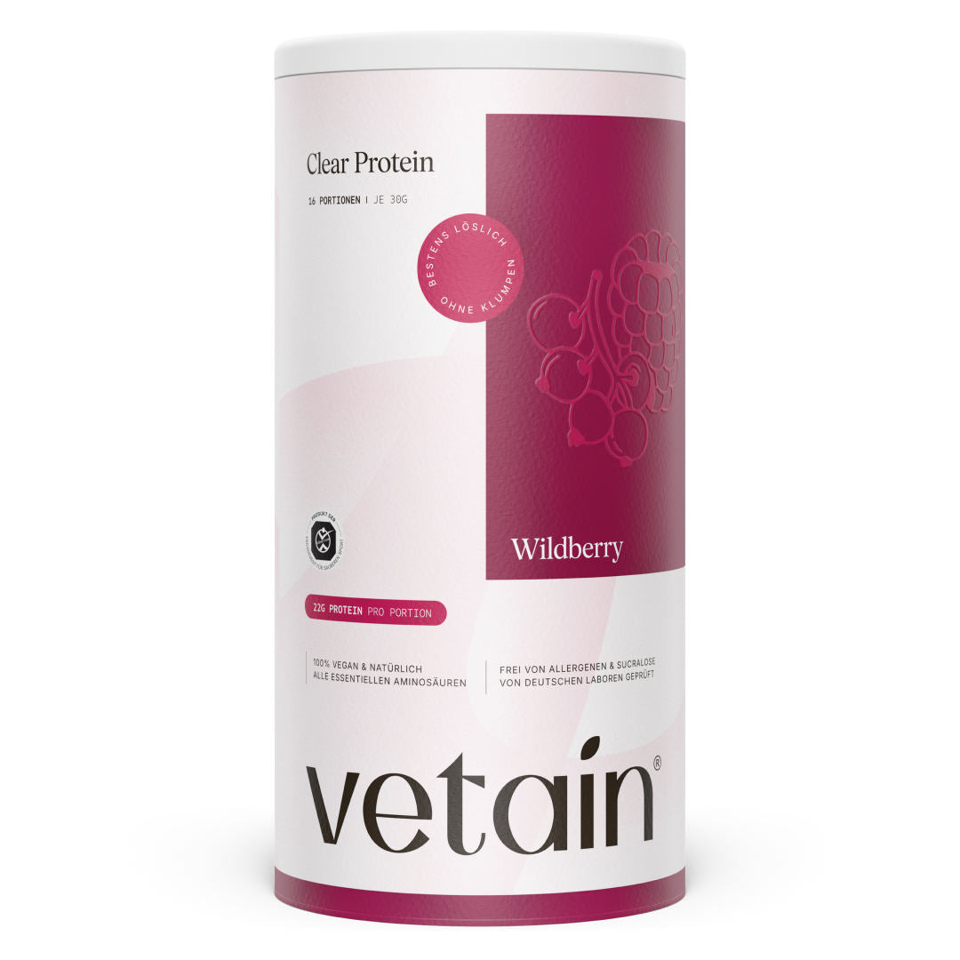 Vetain Clear Protein Wildberry front view (16 servings of 30 g each, 22 g of protein per serving), 100% vegan & natural, free from allergens & sucralose, tested by German laboratories.