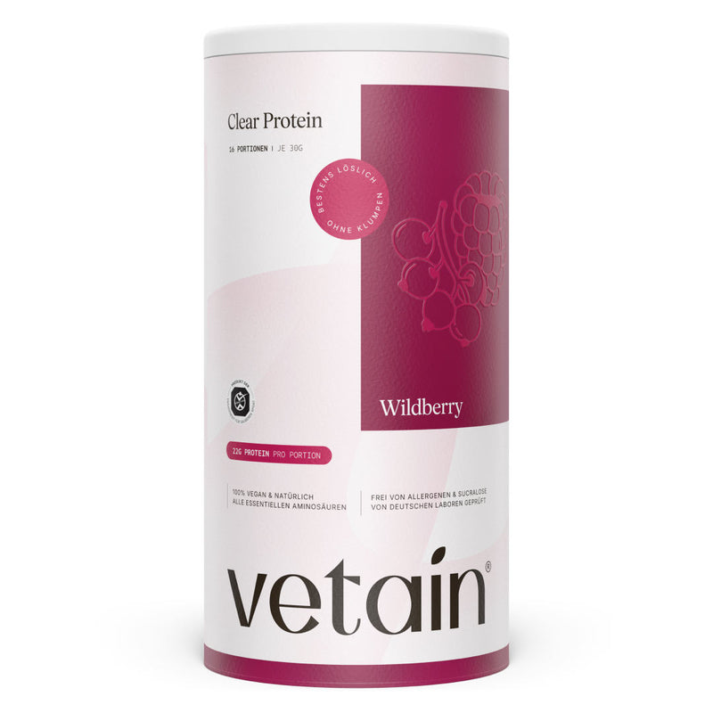 Vetain Clear Protein Wildberry front view (16 servings of 30 g each, 22 g of protein per serving), 100% vegan & natural, free from allergens & sucralose, tested by German laboratories.