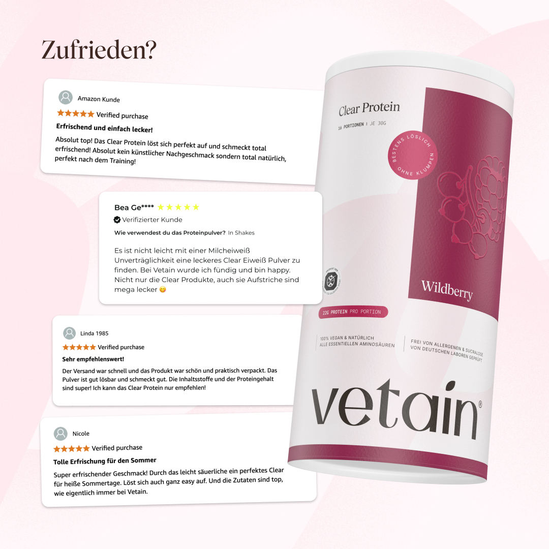 Kundenbewertungen-Grafik „Zufrieden?“ mit vier 5-Sterne-Rezensionen zum Vetain Clear Protein Wildberry neben der Produktdose.