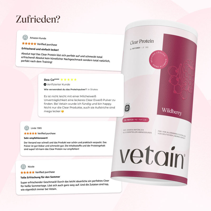 Kundenbewertungen-Grafik „Zufrieden?“ mit vier 5-Sterne-Rezensionen zum Vetain Clear Protein Wildberry neben der Produktdose.