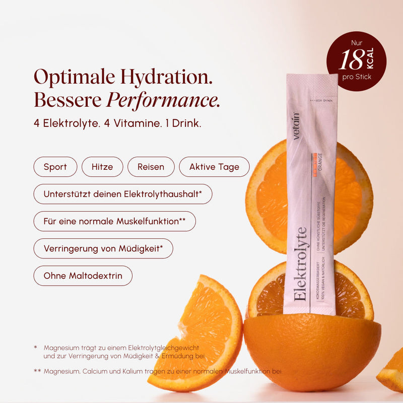 Vetain Electrolyte Stick (Orange) between sliced oranges; text "Optimal hydration. Better performance." with benefits: 4 electrolytes, 4 vitamins, supports muscle function, reduces fatigue, no maltodextrin, only 18 kcal per stick.