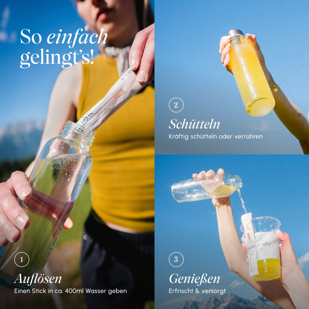 Three-step guide for Vetain Electrolytes: 1. Dissolve one stick in about 400 ml of water, 2. shake well, 3. enjoy. Heading: "It's that easy!"