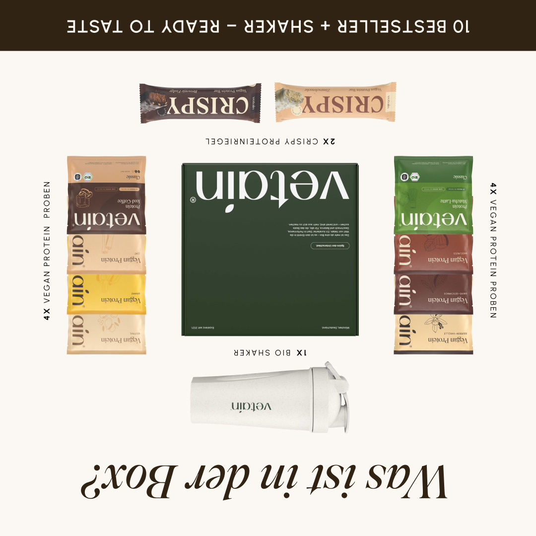 Übersicht des Inhalts der Vetain Probierbox: 1 Bio-Shaker, 8 Vegan-Protein-Proben in verschiedenen Sorten, 2 Crispy Proteinriegel. Überschrift „Was ist in der Box?", Fußzeile „10 Bestseller + Shaker – ready to taste".