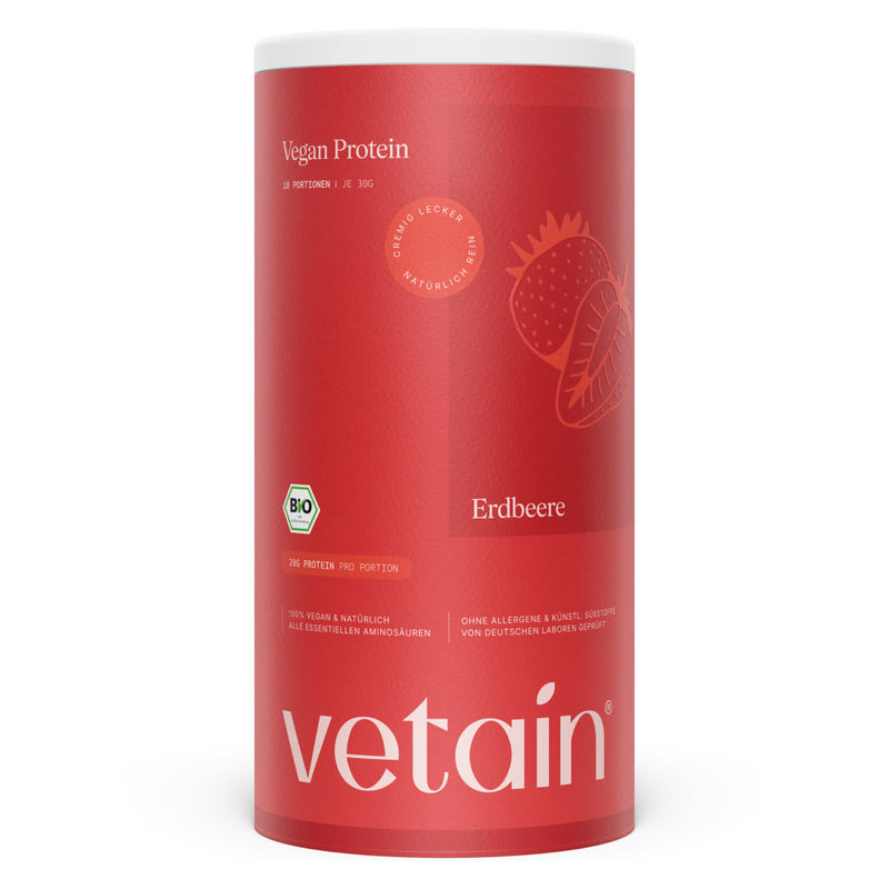 Vetain Vegan Protein Erdbeere in roter Dose mit Erdbeer-Illustration, frontal und freigestellt vor weißem Hintergrund; Bio-Siegel, 20 g Protein pro Portion.
