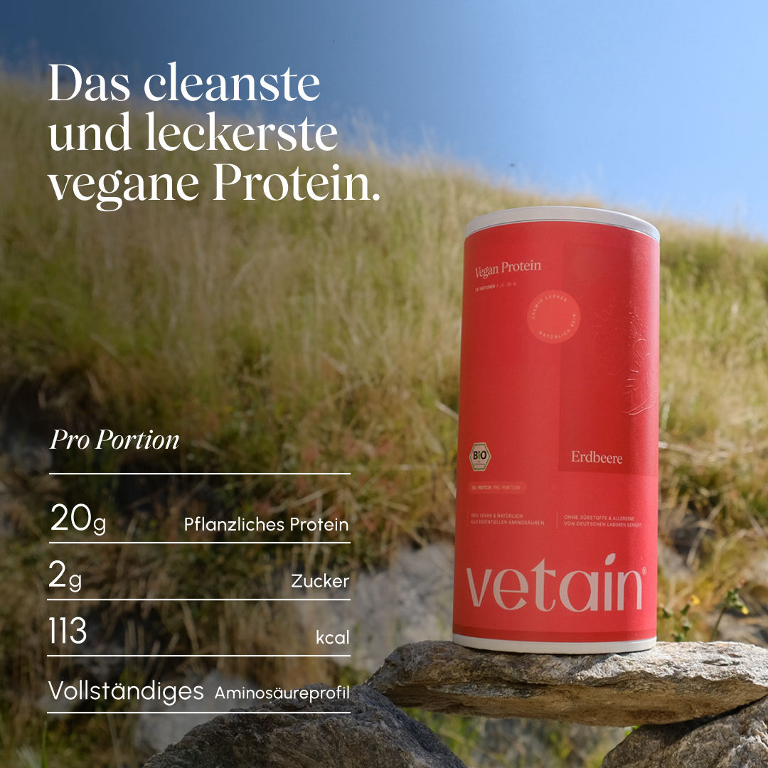 Vetain Vegan Protein Erdbeere Dose auf einem Stein vor einer sonnigen Bergwiese; eingeblendete Werte pro Portion: 20 g pflanzliches Protein, 2 g Zucker, 113 kcal, vollständiges Aminosäureprofil. Text „Das cleanste und leckerste vegane Protein."