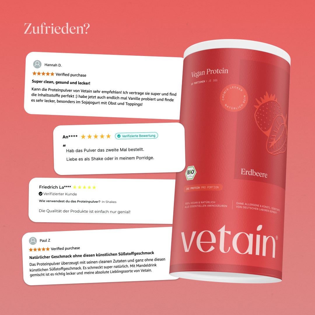 Vetain Vegan Protein Erdbeere Dose neben vier positiven Kundenbewertungen mit Fünf-Sterne-Wertung. Überschrift „Zufrieden?"