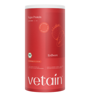 Vetain Vegan Protein Erdbeere in roter Dose, frontal und freigestellt vor weißem Hintergrund.
