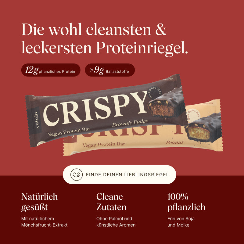 Zwei Vetain Crispy Riegel (Brownie Fudge und Peanut) mit sichtbarem Querschnitt; Text „Die wohl cleansten & leckersten Proteinriegel" mit 12 g pflanzlichem Protein, über 9 g Ballaststoffen und drei Vorteilen: natürlich gesüßt, cleane Zutaten, 100 % pflanzlich.
