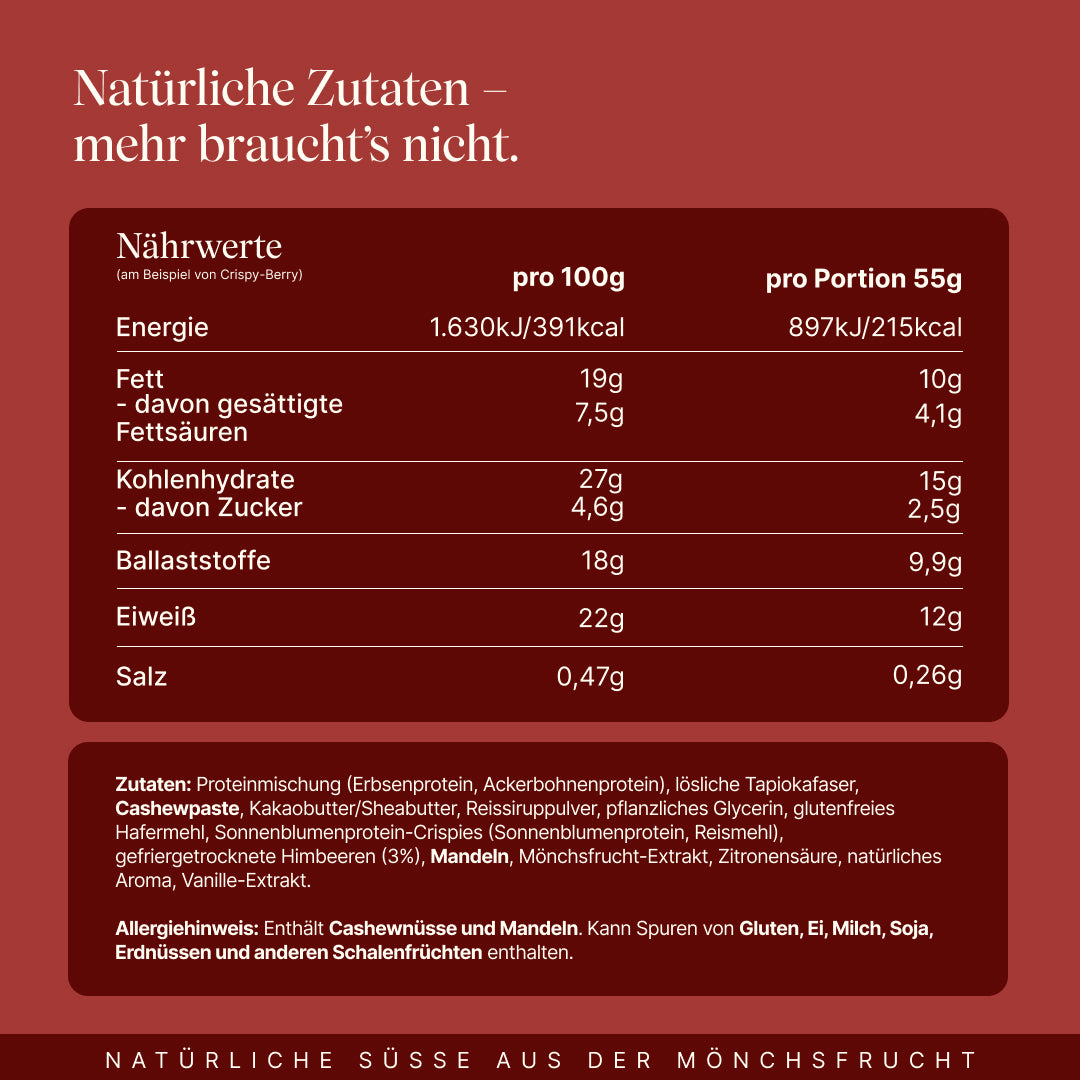 Nutritional table of the Vetain Crispy Mixbox using Crispy Berry as an example, per 100 g and per 55 g serving, with ingredients and allergen list. Heading: "Natural ingredients – that's all you need."