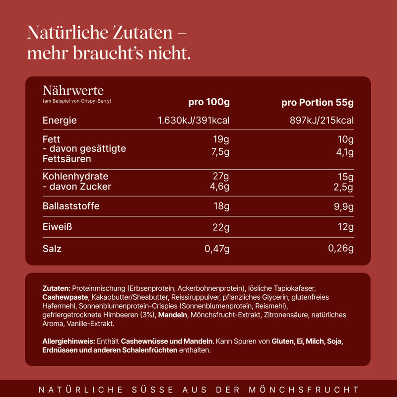 Nutritional table of the Vetain Crispy Mixbox using Crispy Berry as an example, per 100 g and per 55 g serving, with ingredients and allergen list. Heading: "Natural ingredients – that's all you need."