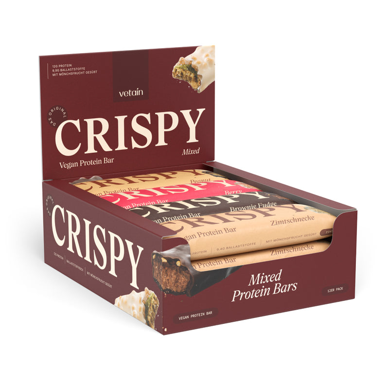 Opened 12-pack sales carton of the Vetain Crispy Mixbox with individually wrapped bars in various flavors, isolated on a white background; labeled "Mixed Protein Bars."