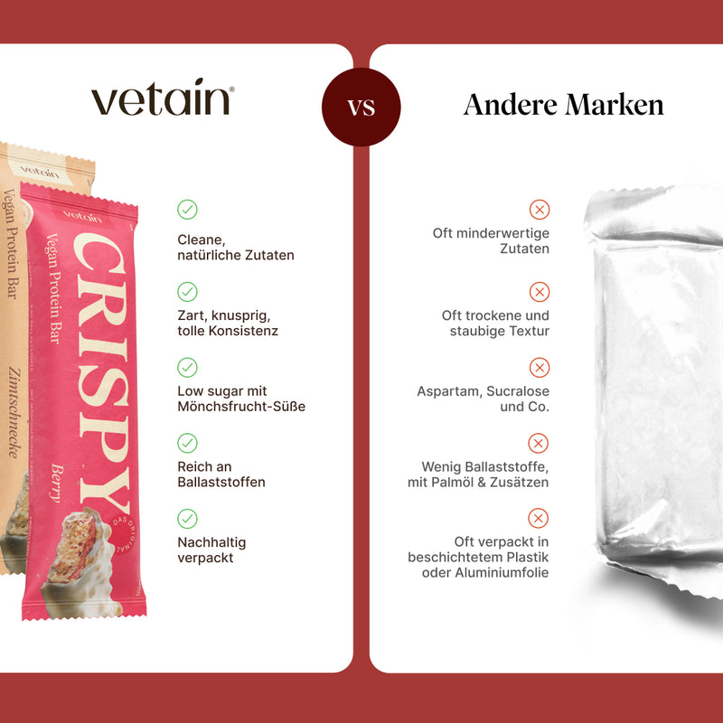 Comparison chart Vetain Crispy versus other brands: on the left, five advantages (clean natural ingredients, delicate crispy texture, low sugar with monk fruit sweetness, high in fiber, sustainably packaged); on the right, five disadvantages of other brands.