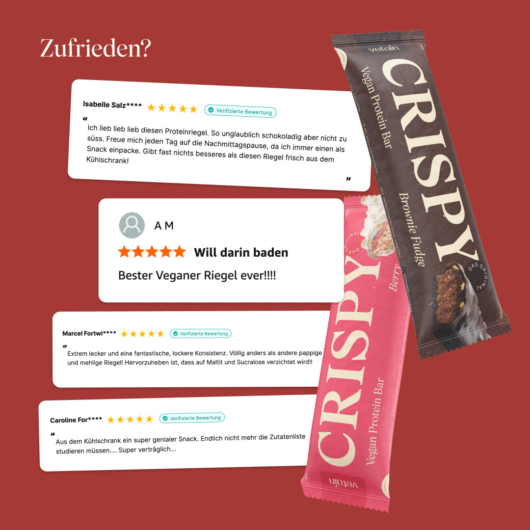 Vetain Crispy Bars (Brownie Fudge and Berry) alongside four positive customer reviews with five-star ratings. Heading: "Satisfied?"