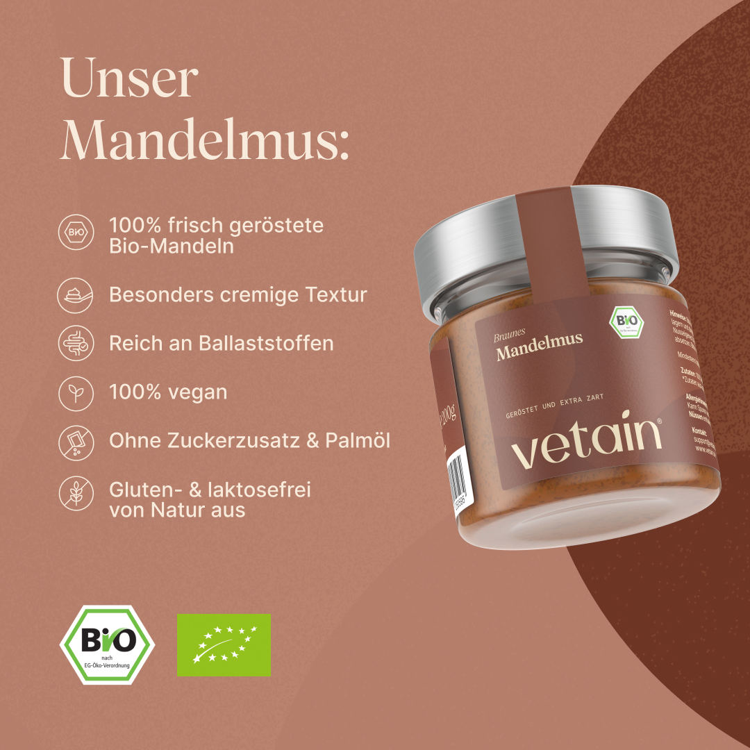 Vetains Mandelmus aus 100% frisch gerösteten Bio-Mandeln, besonders cremige Textur, reich an Ballaststoffen, 100% vegan, ohne Zuckerzusatz&Palmöl, gluten- und laktosefrei