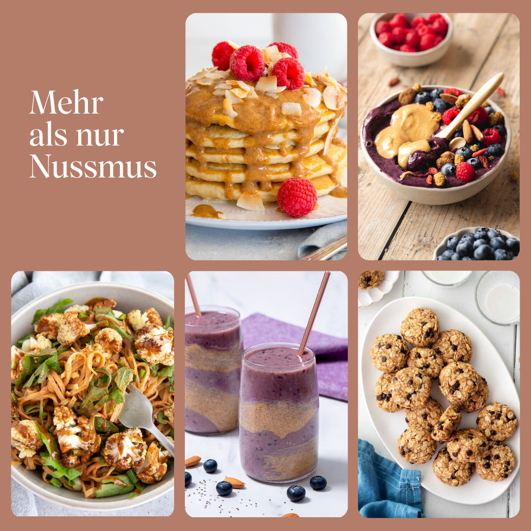 Bilder verschiedener Einsatzmöglichkeiten vom Mandelmus, z.B. Kekse, Pancakes, Shakes, Porridge oder deftige Gerichte
