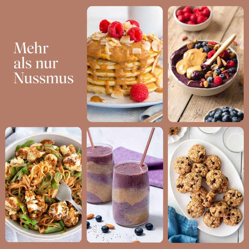 Bilder verschiedener Einsatzmöglichkeiten vom Mandelmus, z.B. Kekse, Pancakes, Shakes, Porridge oder deftige Gerichte