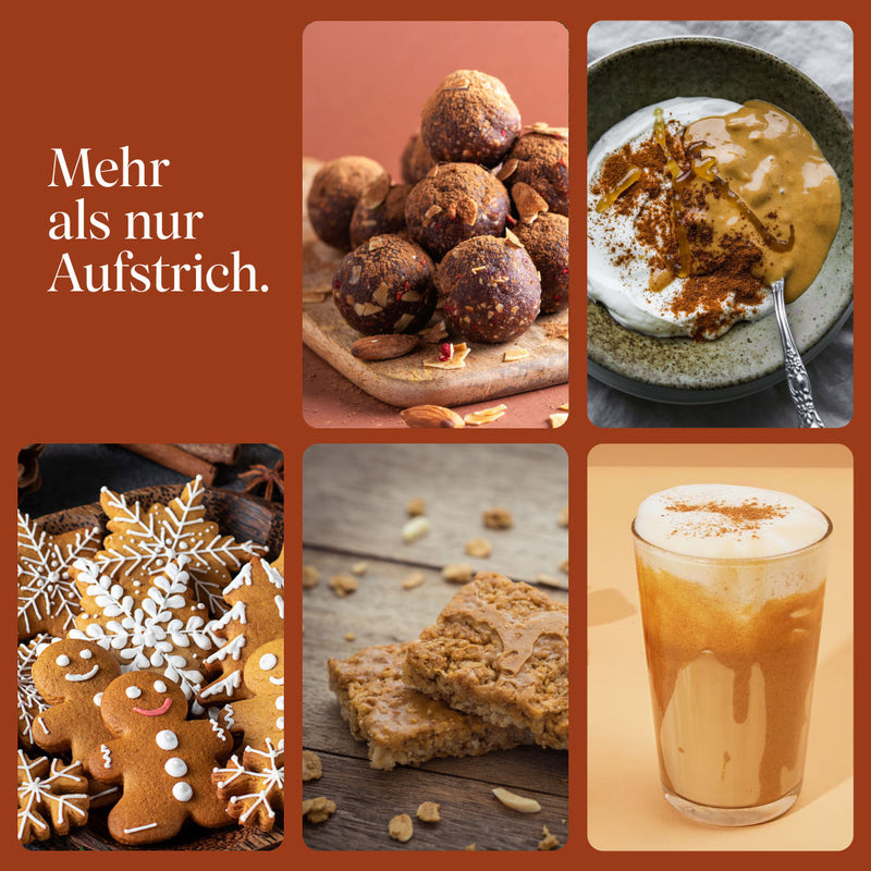 Vielseitiger Aufstrich. Pflanzliches Nussmus mit Lebkuchengeschmack für Proteinballs, Porridge, Overnight Oats, Proteinshakes, Plätzchen und mehr